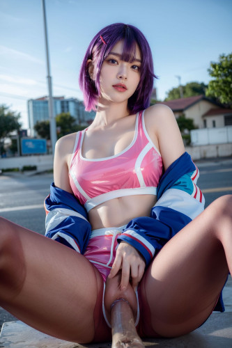AI美女-拟实-蓝色外套粉色运行背心短裤紫色短发美女