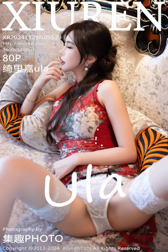 XiuRen秀人网-9529-绮里嘉ula-红色白印花旗袍-轻透红纱旗袍款睡衣-2024.11.29